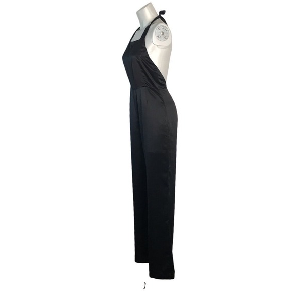NASTY GAL BLACK SATIN WIDE LEG HALTER‎ JUMPSUIT Size Small - Picture 5 of 5